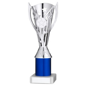 SILVER/BLUE PLASTIC 'FLASH' CUP ASSEMBLED ON MARBLE (1in CEN) - 9in
