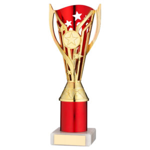GOLD/RED PLASTIC 'FLASH' CUP ASSEMBLED ON MARBLE (1in CEN) - 9in