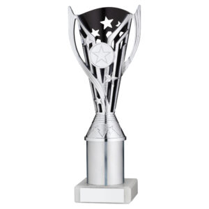 SILVER/BLACK PLASTIC 'FLASH' CUP ASSEMBLED ON MARBLE (1in CEN) - 9in