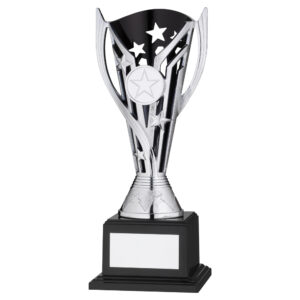 SILVER/BLACK PLASTIC 'FLASH' CUP ON BASE ASSEMBLED TROPHY (1" CEN) - 9.5in