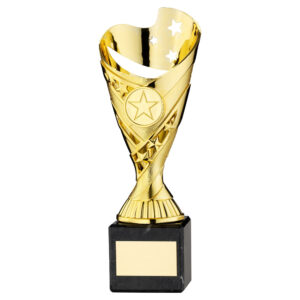 GOLD PLASTIC 'SABRE' CUP ON BLACK MARBLE ASSEMBLED TROPHY (1" CEN) - 6.75in