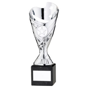 SILVER PLASTIC 'SABRE' CUP ON BLACK MARBLE ASSEMBLED TROPHY (1" CEN) - 9in