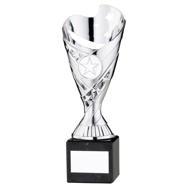 SILVER PLASTIC 'SABRE' CUP ON BLACK MARBLE ASSEMBLED TROPHY (1" CEN) - 6.75in