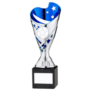 SILVER/BLUE PLASTIC 'SABRE' CUP ON BLK MARBLE ASSEMBLED TROPHY (1" CEN) - 7.25in