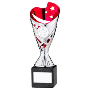 SILVER/PINK PLASTIC 'SABRE' CUP ON BLK MARBLE ASSEMBLED TROPHY (1" CEN) - 7.25in