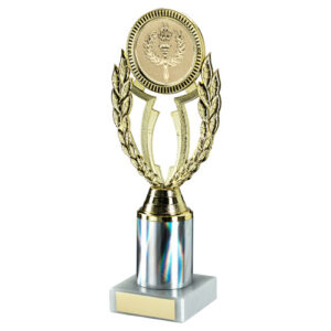 GOLD/SILVER  'WREATH' HOLDER ASSEMBLED ON MARBLE (2" CEN/2" TUBE) - 8.75in