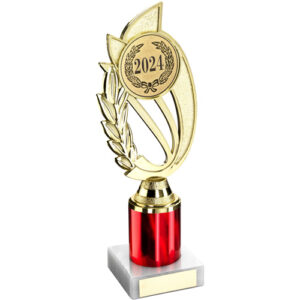 GOLD/RED PLASTIC 'LAUREL' HOLDER ASSEMBLED ON MARBLE (2" CEN/2" TUBE) - 9in