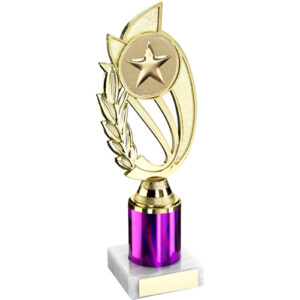 GOLD/PURPLE PLASTIC 'LAUREL' HOLDER ASSEMBLED ON MARBLE (2" CEN/1" TUBE) - 8in