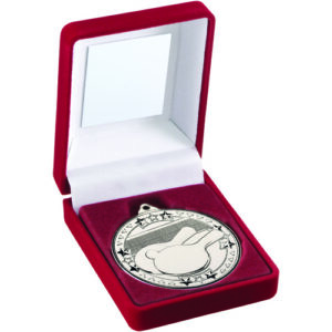 RED VELVET BOX AND 50mm MEDAL TABLE TENNIS TROPHY SILVER - 3.5in