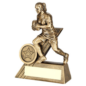 BRZ/GOLD FEMALE RUGBY MINI FIGURE WITH PLATE  (1in CENTRE) - 4.75in