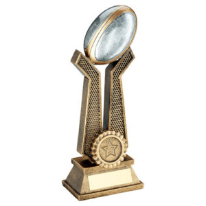 BRZ/PEW/GOLD RUGBY BALL ON TWIN PRONGS WITH PLATE (1in CENTRE) - 6in