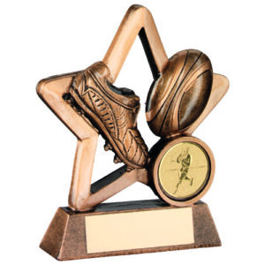 BRZ/GOLD RESIN RUGBY MINI STAR WITH PLATE (1in CENTRE) - 4.25in