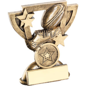 BRZ/GOLD RUGBY MINI CUP WITH PLATE (1in CENTRE) - 4.25in