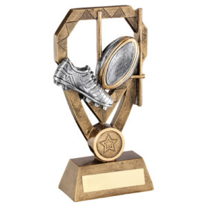 BRZ/PEW/GOLD RUGBY BOOT AND BALL & POSTS ON DIAMOND WITH PLATE (1in CEN) - 6in