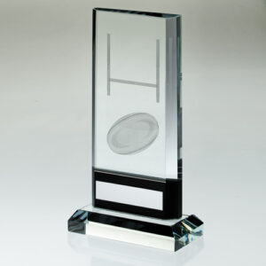 CLEAR/BLACK GLASS WITH LASERED RUGBY IMAGE AND PLATE (15mm THICK) - 8.25in