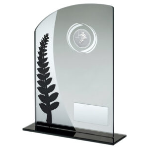 JADE GLASS PLAQUE WITH BLACK/SILVER DETAIL WITH RUGBY INSERT AND PLATE - 6.5in