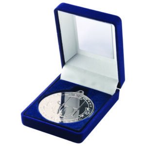 BLUE VELVET BOX AND 50mm MEDAL RUGBY TROPHY SILVER - 3.5in