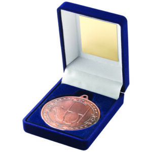 BLUE VELVET BOX AND 50mm MEDAL RUGBY TROPHY BRONZE - 3.5in