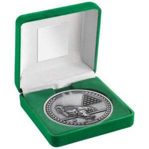 GREEN VELVET BOX AND 70mm MEDALLION POOL/SNOOKER TROPHY ANTIQUE SILVER - 4in
