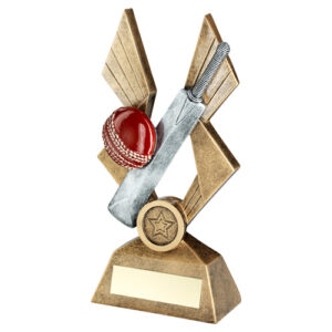 BRZ/PEW/RED CRICKET BALL AND BAT ON POINTED BACKDROP WITH PLATE (1in CEN) - 10in