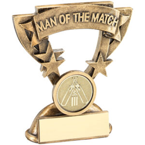 BRZ/GOLD MAN OF THE MATCH MINI CUP WITH CRICKET INSERT AND PLATE - 3.75in