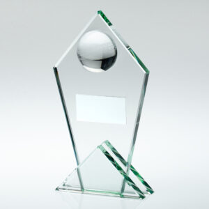 JADE GLASS POINTED PLAQUE WITH HALF CRICKET BALL AND PLATE - 5.75in