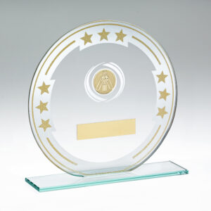 JADE/SILVER/GOLD ROUND GLASS WITH CRICKET INSERT AND PLATE - 6.25in
