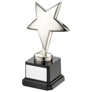 SILVER METAL STAR ON BLACK PLASTIC BASE ASSEMBLED TROPHY - 6in