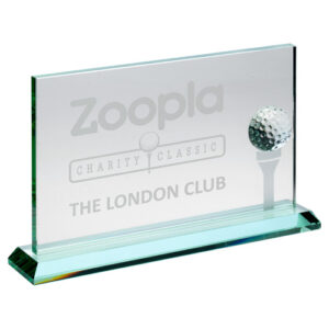 JADE GLASS RECTANGLE WITH GOLF BALL AND FROSTED TEE (10mm THICK) - 7 x 11in