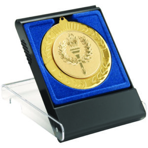 BLACK/CLEAR MEDAL BOX LARGE (50/60/70mm RECESS BLUE INSERT) - 4.75in