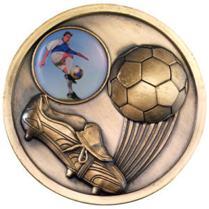 FOOTBALL AND BOOT MEDALLION (1in CENTRE) ANTIQUE GOLD - 2.75in