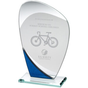JADE GLASS CURVED PLAQUE WITH BLUE/SILVER DETAIL (4mm THICK) - 8in