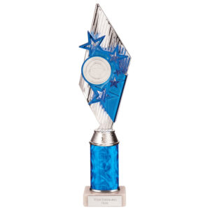 Pizzazz Plastic Tube Trophy Silver & Blue 350mm
