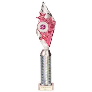 Pizzazz Plastic Tube Trophy Silver & Pink 400mm