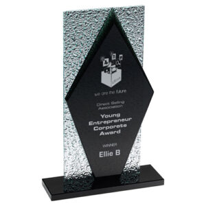 BLACK GLASS DIAMOND AND BASE WITH CLEAR FROSTED BACKDROP - 9in