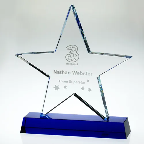 CLEAR GLASS STAR PLAQUE ON BLUE BASE (19mm THICK) - 9.25in