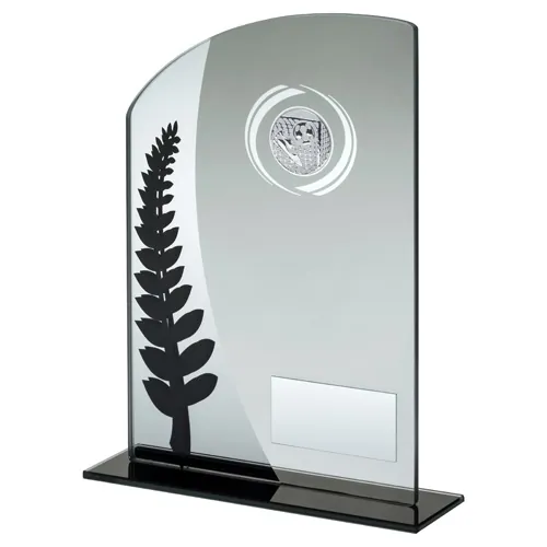 JADE GLASS PLAQUE WITH BLACK/SILVER DETAIL AND FOOTBALL INSERT AND PLATE - 7.25"