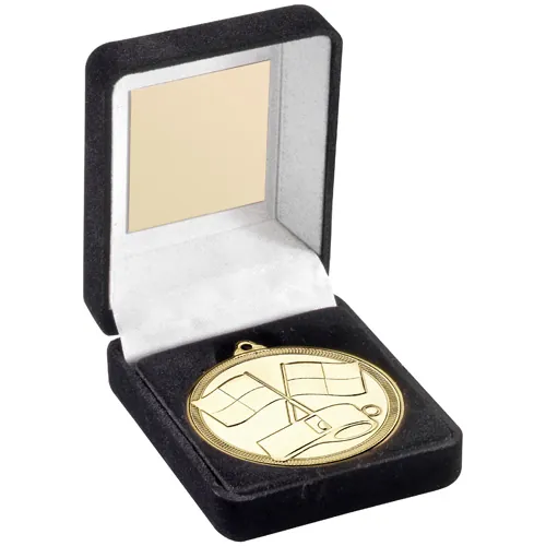 BLACK VELVET BOX AND 50mm MEDAL REFEREE TROPHY GOLD - 3.5in