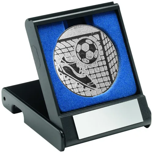 BLACK PLASTIC BOX WITH FOOTBALL INSERT TROPHY SILVER - 3.5in