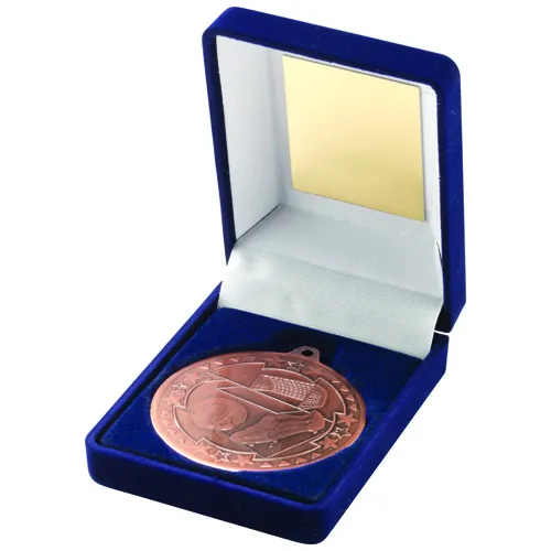 BLUE VELVET BOX AND 50mm MEDAL FOOTBALL TROPHY BRONZE - 3.5in