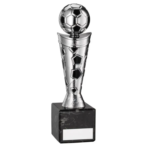 SILVER/BLACK PLASTIC FOOTBALL FIGURE ON BLACK MARBLE TROPHY - (1in CEN) 9in