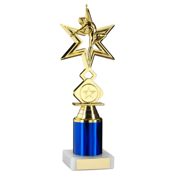 GOLD/BLUE 'DANCE/GYM' STAR FIGURE ASSEMBLED ON MARBLE (1" CEN/1" TUBE) - 8in