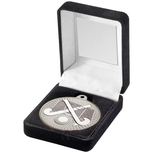 BLACK VELVET BOX AND 50mm HOCKEY MEDAL TROPHY MATT SILVER/BRONZE - 3.5in