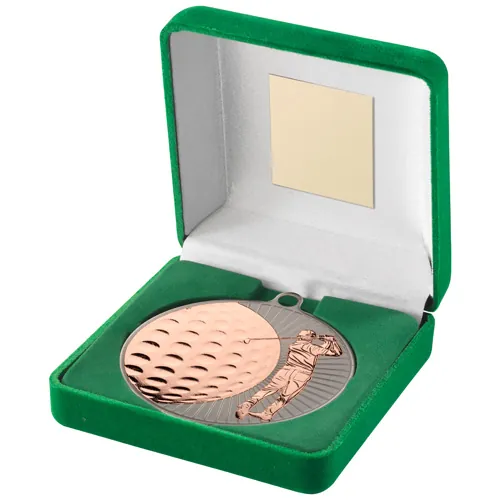 GREEN VELVET BOX AND 70mm GOLF MEDAL TROPHY MATT SILVER/BRONZE - 4in