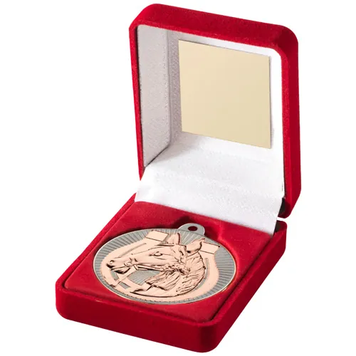 RED VELVET BOX AND 50mm HORSE MEDAL TROPHY MATT SILVER/BRONZE - 3.5in