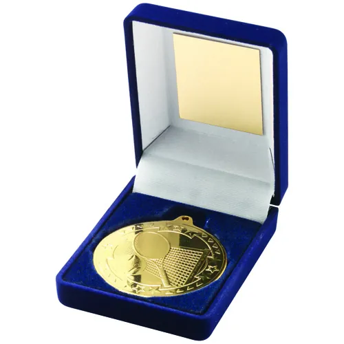 BLUE VELVET BOX AND 50mm MEDAL TENNIS TROPHY GOLD - 3.5in