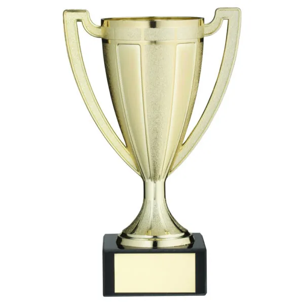 GOLD PLASTIC STIPPLED TROPHY CUP WITH PLATE - 7in