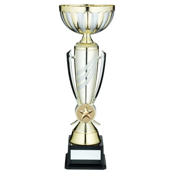 GOLD/MATT SILVER 3 STRIPE TROPHY CUP WITH PLATE (2in CENTRE) - 15.75in