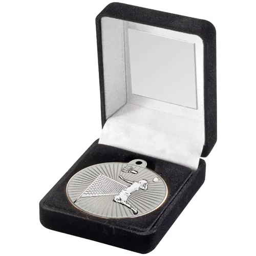 RED VELVET BOX AND 50mm BADMINTON MEDAL TROPHY MATT SILVER/SILVER - 3.5in