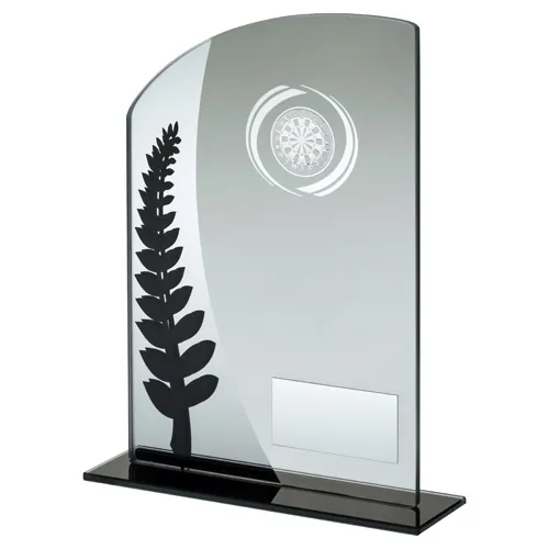 JADE GLASS PLAQUE WITH BLACK/SILVER DETAIL WITH DARTS INSERT AND PLATE - 7.25in